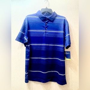 🆕 Men's Medium M Blue with White Stripes Performance Sports Polo Golf Shirt